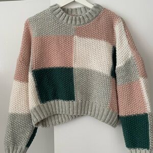 Lush Patchwork Crewneck Sweater in Pink, Sage, Cream & Dark Green